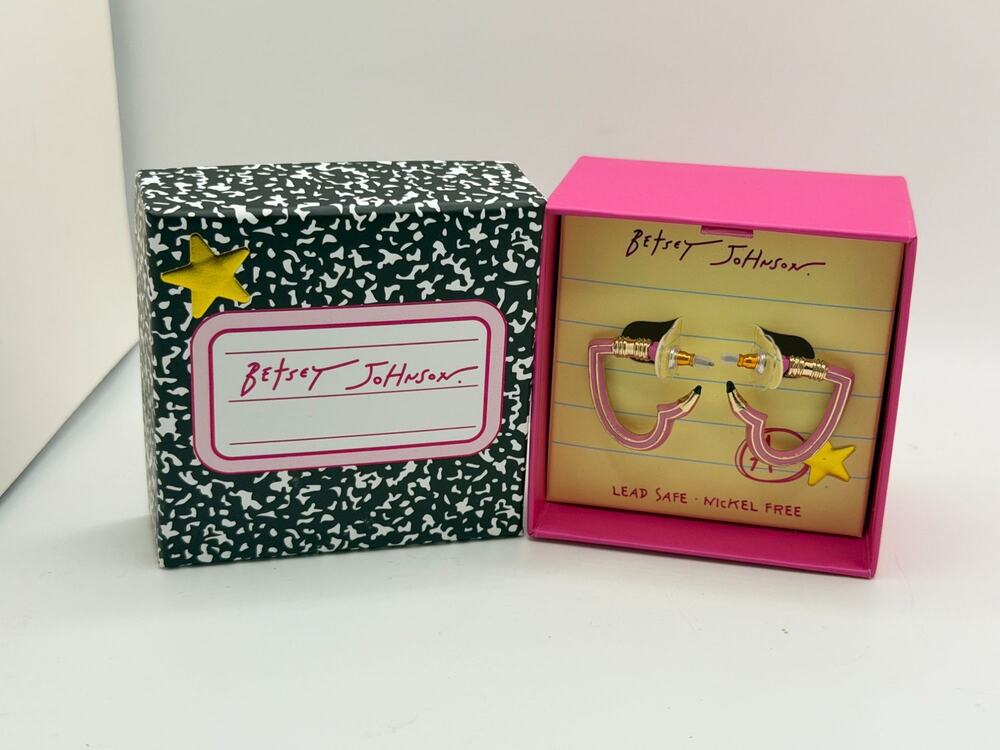 Betsey Johnson Lead-Safe Nickel-Free Earrings With Pink & Gold Pencil Design